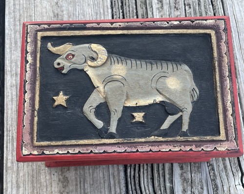 Vintage Handcarved Aries Ram Lidded Box Stars Flowers Mythical Astrological Sign - Picture 2 of 10