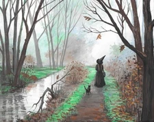 11x14 PRINT OF PAINTING RYTA HALLOWEEN BLACK CAT WITCH LANDSCAPE Folk Art Salem