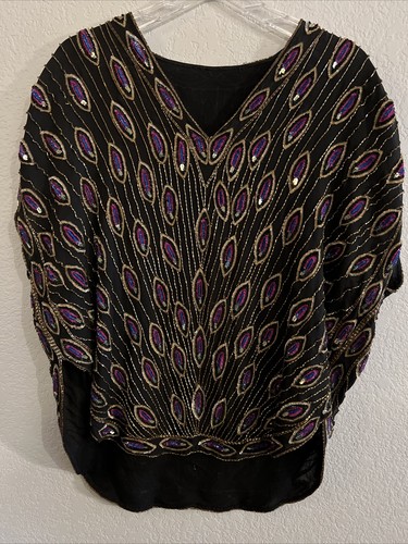 RARE Vintage Jean Joseph Le Bon? Sequin Beaded Silk Peacock Feather Top Blouse