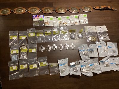 42 Tandy leather conchos supplies and charms,silver feathers,stars