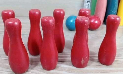12 Vintage Wooden Skittles Toy Pins Bowling 6 in. tall with 3 balls - Picture 5 of 14