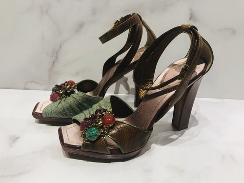 Rene Caovilla Green Fabric Brown Leather Embellished Crystal Open Toe Heels - Picture 3 of 6
