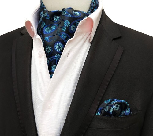 Classic Men's Ascot Cravat Tie Silk Paisley Blue Black Scarves Cravat Hanky Set - Picture 24 of 49