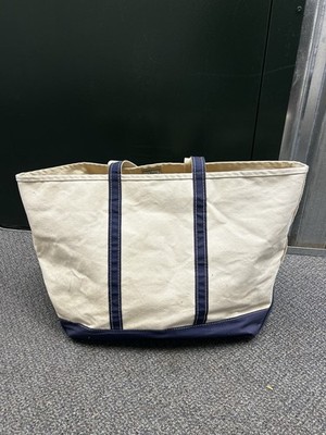 Vintage LL Bean Boat & Tote Canvas Bag White Navy Blue Handles Zip X-Large USA