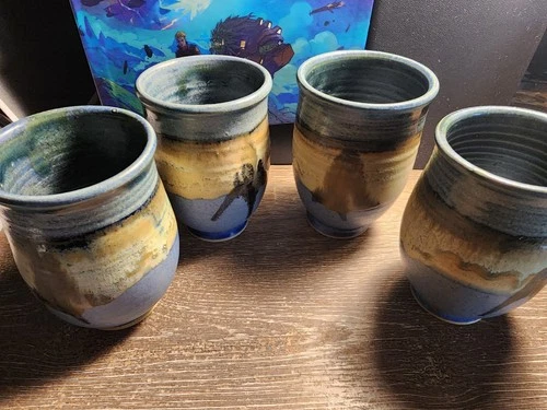 Vintage Pottery Art Handcrafted Ceramic Cups Signed set of 4 (4"×2 1/2")