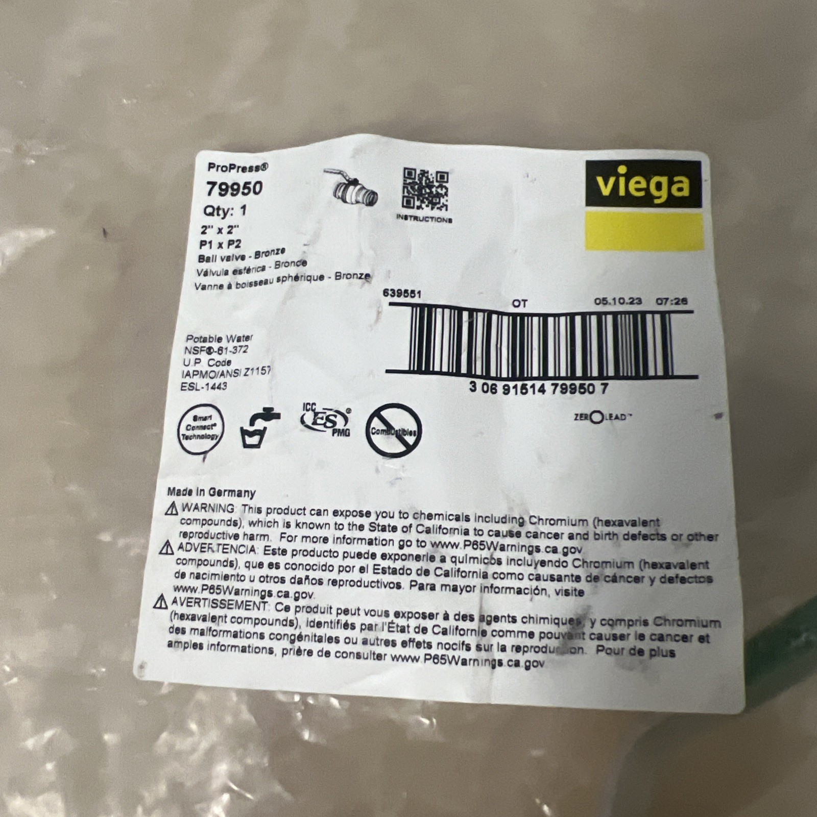 New Viega 79120 ProPress Bronze Ball Valve, 2" X 2"