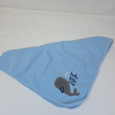 Just Born Baby Blanket Unisex OS Blue Waffle Knit Hello Little One Whale Cotton