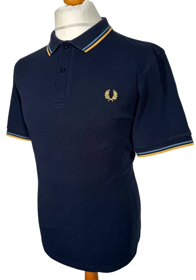 Polo Fred Perry Talla XL Negro/Azul Ceniza/Dorado M3600 Ska Mod Scooter Informal Pieles Foto 2 de 4