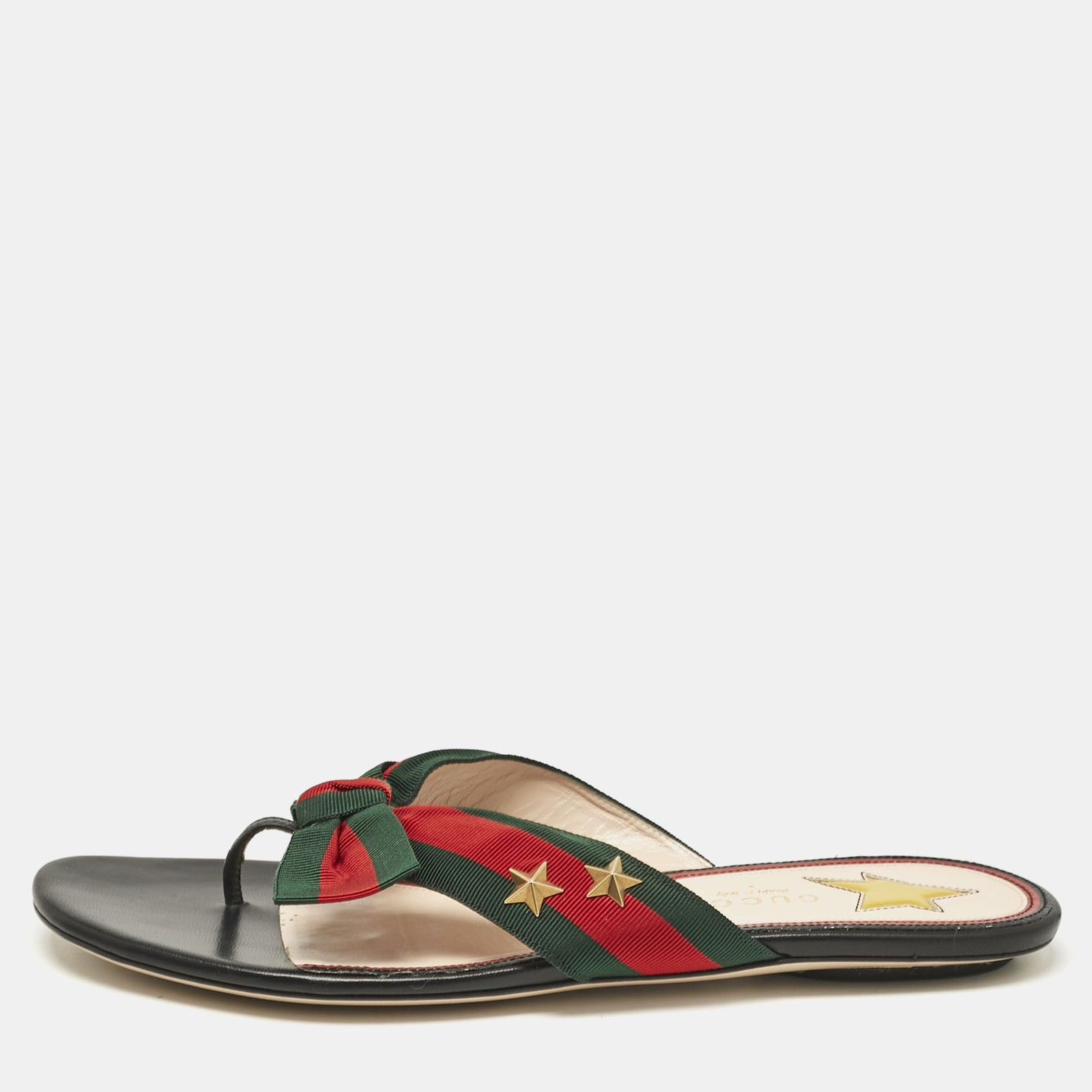 Gucci Black Leather Cindi Sandals with Bow Star Detail Size 38