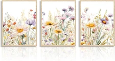 3 PCS Wildflower Canvas Wall Art Colorful Flower Wall Decor 12x16 in Unframed 