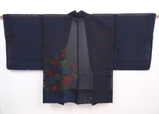 5919T01z270 Vintage Japanese Kimono Silk See through HAORI Leaf Black