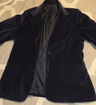 Men's Black Velvet Blazer Jacket L Regular Solid Notch Lapel 2-Button