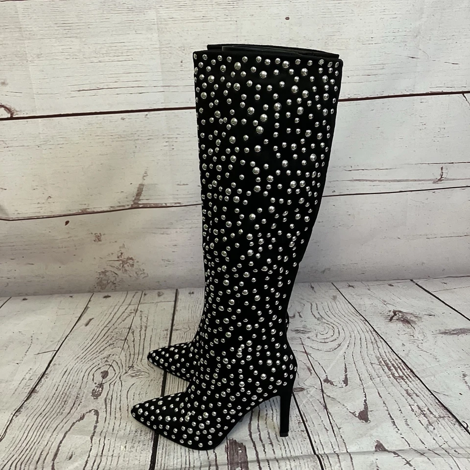 Lauren Lorraine Boots Sz 8.5 Haddie Black Knee-High Studded Stiletto Zipper - Image 3 of 4