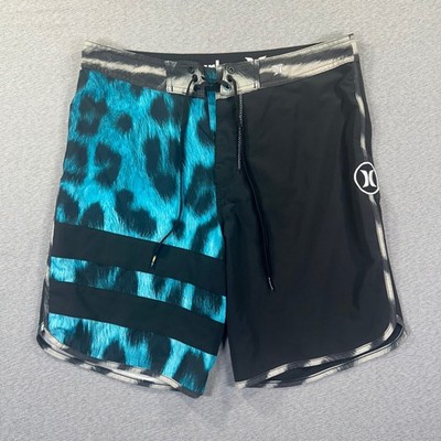 Hurley Phantom Board Shorts Men 31 Black Teal Leopard Print Swim Trunks Surf