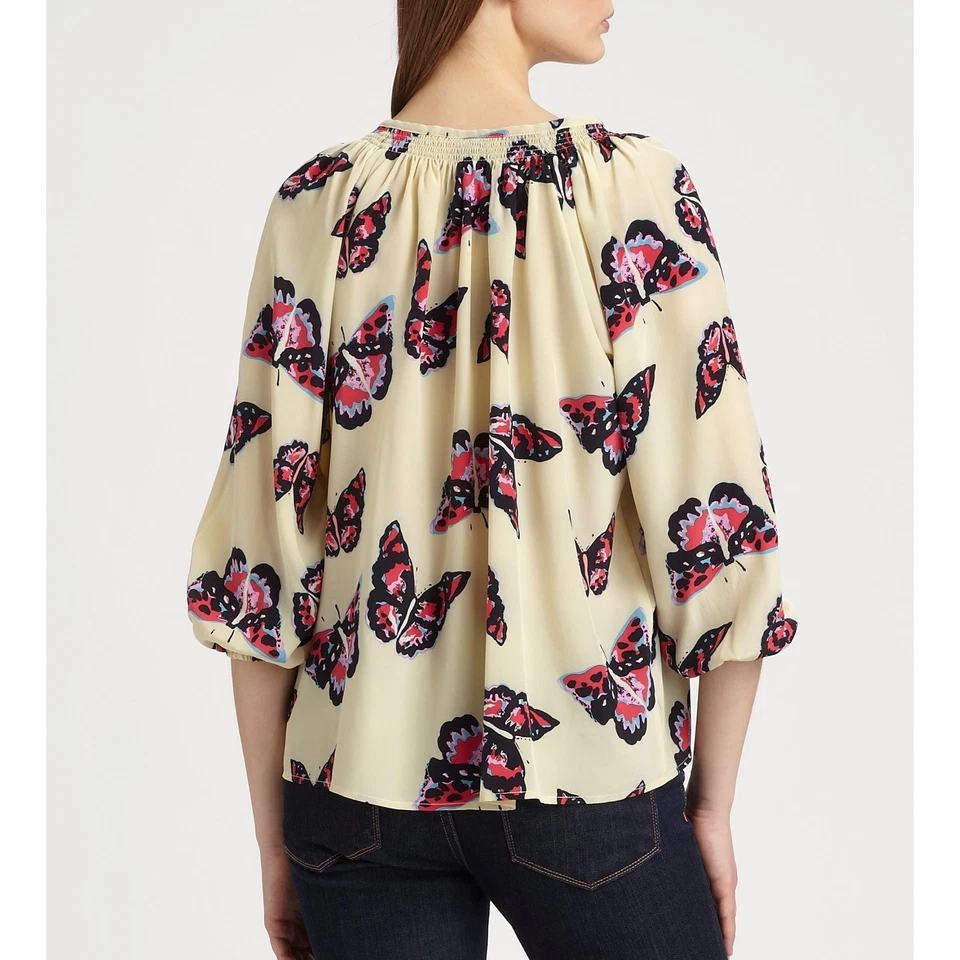 Blusa Tucker 100% Seda Estampado Mariposa Talla XS Calada Ligera Transparente Elegante Foto 2 de 4
