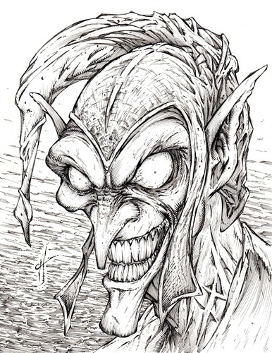 Green Goblin. ORIGINAL, B/W, drawing, art, illustration by Calvin Henio.