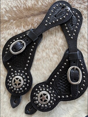 MENS Basketweave Tooled Leather Western Pair of Spur Straps Texas Star Conchos 