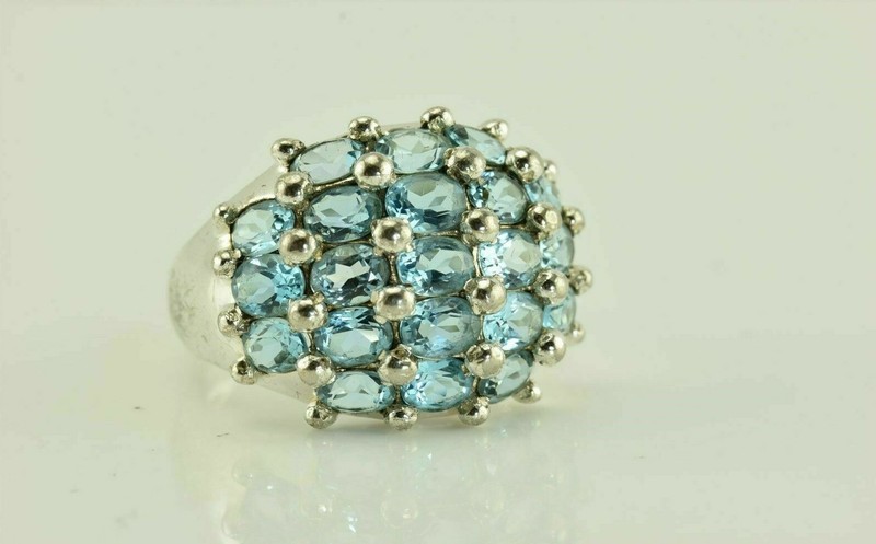 Sterling Silver 16.5mm Blue Topaz Domed Cluster Band Ring 925 Sz 9.5 5.3Gram Vtg