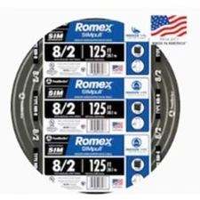 8/2 NM-B x 125' Southwire Romex SIMpull Black Stranded Electrical Cable W/G Wire