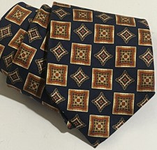 BURBERRYS Silk Necktie Blue Gold Red Squares Diamonds Made In USA Handsewn