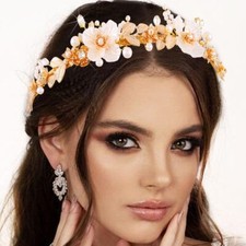 Gold Leaf Flower Headband Pearl Bride Wedding Hair Band a-gold Free Size