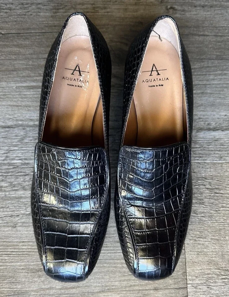 Mocasines Aquatalia para mujer 5 tacones sin cordones de cuero de cocodrilo negro hechos en Italia Y2k Foto 4 de 4