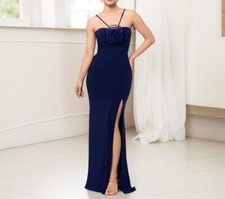 X By Xscape Womens Sleeveless Front Slit Rosette Halter Gown Formal Dress Navy