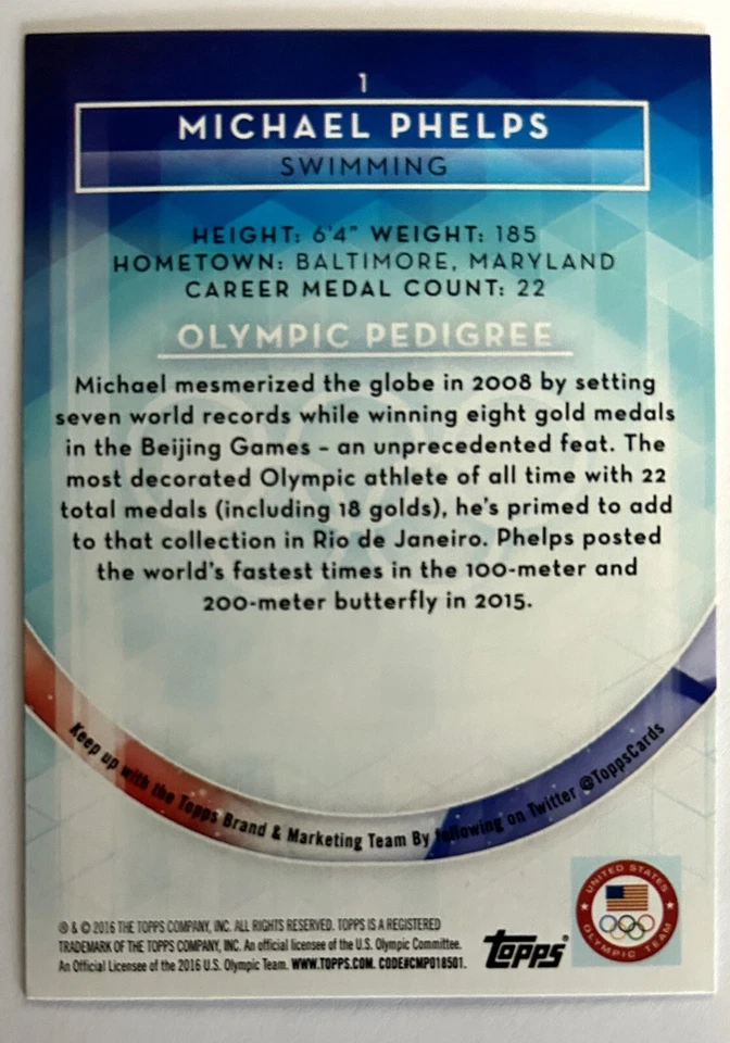 Tarjeta de Michael Phelps 2016 Topps Olympics #1 EE. UU. Natación Bronce Variación  Foto 2 de 3