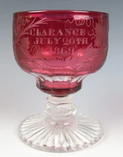 1869 Cranberry Cut Etched Crystal Goblet Wine Glass "Clarance" German Grapevine