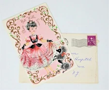 Vtg Get Well Soon Greeting Card With 2 Black Poddles Beautiful Lady In A Dress