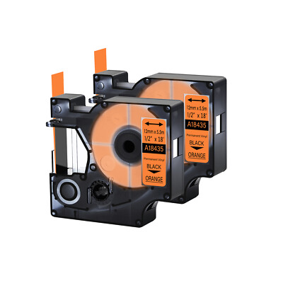 2PK Black on Orange 18435 IND VINYL Label Tape 12mm for Dymo Rhino 5000 5200
