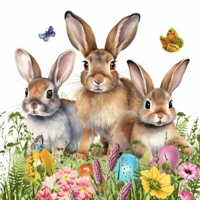 20 Servietten Easter Hello Hasenfamilie Blumenfeld Ostern Tiere Garten 33x33cm