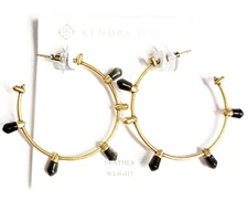 Kendra Scott Stone Hoop Earrings Golden Obsidian Vintage Gold Plated Brass NWT
