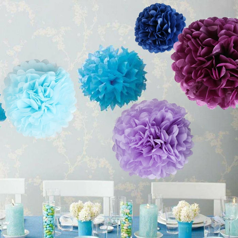 Pompones de papel azul flores pañuelo bola fiesta hogar exterior boda decoración 25 piezas Foto 2 de 4