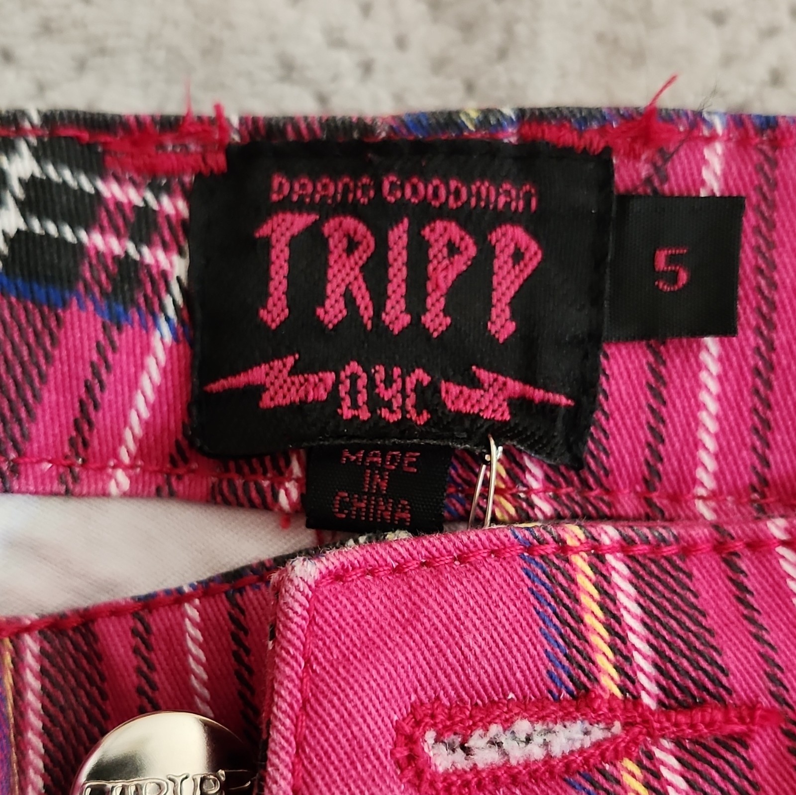Tripp NYC Girls 5 Rare Rasberry Plaid Skinny Cotton Pants Button Zip LS6807PB
