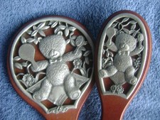 ROYAL SELANGOR TEDDY BEAR vintage hand MIRROR & BRUSH wood pewter