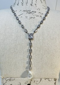 Authentic White Gold Plated CZ Baguette Necklace with Cultured Keshi Pearl Drop Pendant
