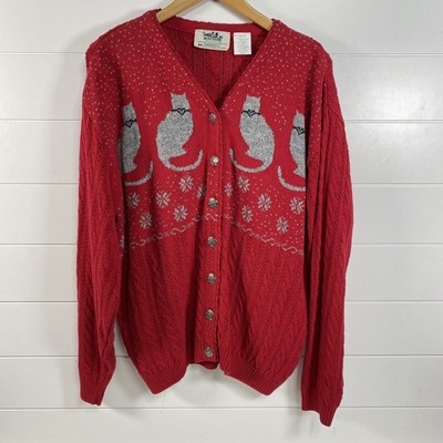 Vintage Northern Reflections Sweater Womens XL Cat Snowflake Knit Cardigan 90s