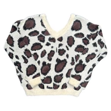 Leopard Print V-Neck Fuzzy Knit Sweater Medium L Love Cozy Fall Winter Animal