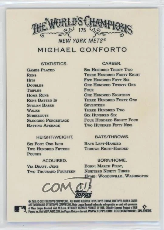 2021 Topps Allen & Ginter Chrome Red Refractor /5 Michael Conforto #175 - Image 2 of 2