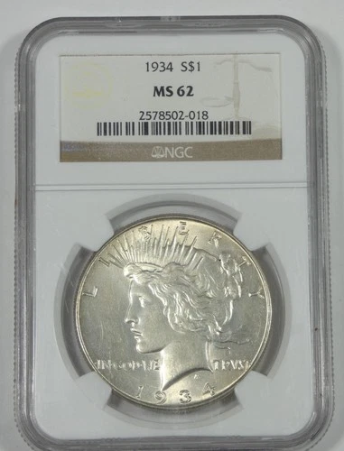1934 Peace Dollar CERTIFIED NGC MS 62 Silver Dollar