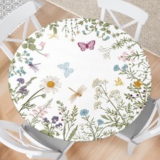 Spring Summer Flower Round Fitted Tablecloth with Elastic Edge Wipeable Table...