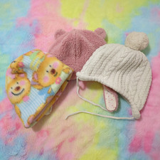 Mixed Lot Beanie Hats Winter Toddler Girls 6M-9M Bears Ear Flaps Poms Lot Of 3