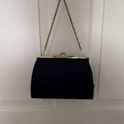 Black Small Clutch Evening Bag Gold Chain Shoulder Strap Clasp Closure