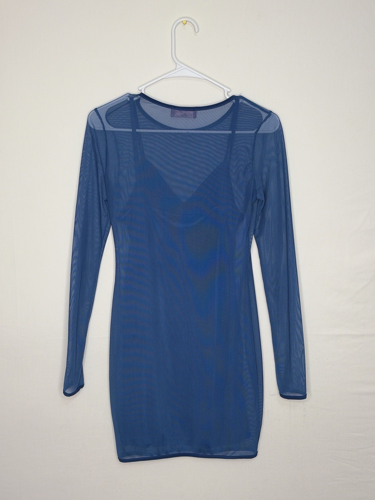 LUX LA Blue Mesh Overlay Dress Set Slip Dress Long Sleeve Medium Stretch USA)E17