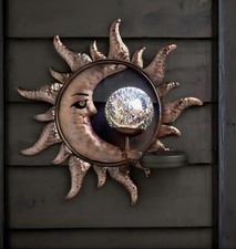 Solar Sun Moon Wall Plaque Led Light Patio Shed Deck Fence Lamp Metal Decor