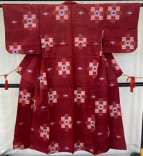 Japanese Vintage Kimono Silk Red Tumugi Traditional Authentic Length 55 in