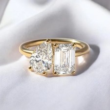 14K Yellow Gold Plated 2Ct Pear  Emerald Cut Lab Created Diamond Wedding Ring