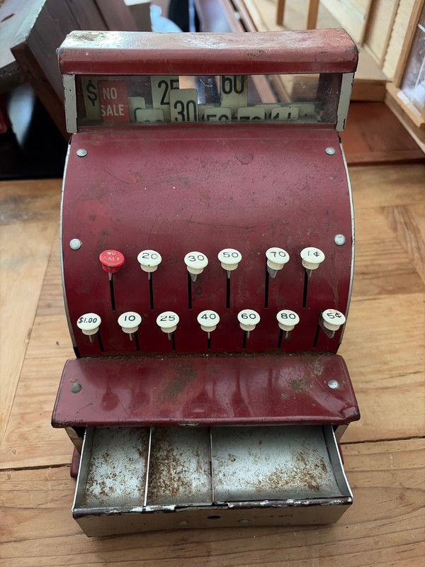 Vintage 1950s Tom Thumb Toy Cash Register Western Stamping Co. Red Metal