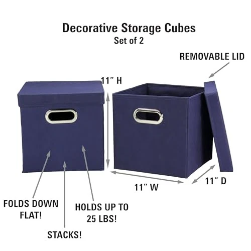 Juego de 2 cajas de almacenamiento de tela azul marino apilables con tapas y asas de ojal Foto 4 de 4